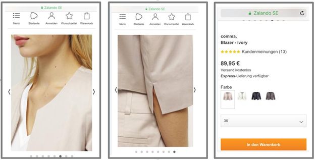 Ausschnitt Produktdetailseite von Zalando, Screenshot: Zalando Mobilseite