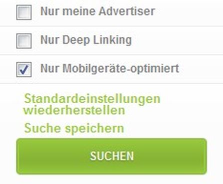 Filter zur Suche der mobilen Angebote mit Zählpixel, Screenshot von Commission Junction