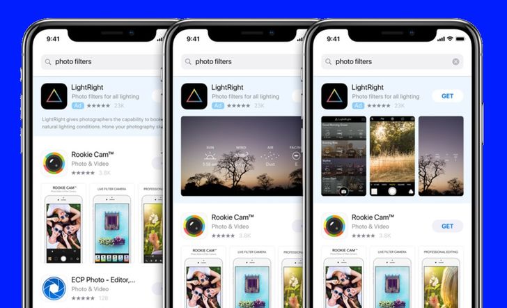 Beispielanzeigen zum Suchbegriff "photo filters", Website Apple Search Ads Website Apple Search Ads