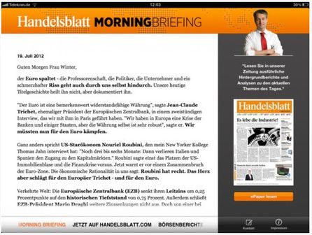 Screenshot des über die App auf das iPad ausgelieferten Newsletter "Morning Briefing"