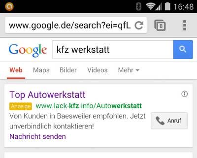 Lokale Anzeige auf Smartphone (inkl. Click-to-Call-Button)