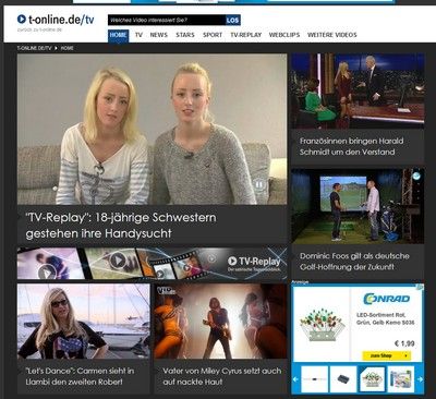 Erscheinungsbild der Seite "t-online.de/tv". Screenshot.