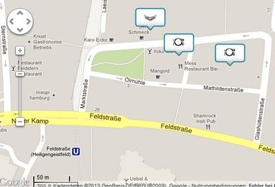 Beispiel zur Funktionsweise von Gettings. Auf einer Karte sind Angebote und Aktionen des stationären Handels oder der Gastronomie markiert, eventuell noch mit Zusatzmaterial oder einem Link verknüpft.