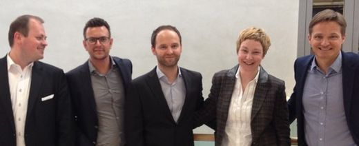 v.l.n.r.: Ralf Mager (Lodenfrey), Dominik Haupt (norisk), Peter Schön (Sporthaus Schuster), Christiane Hoss-Nurminen (Bettenrid), Fabian Goehler (Ludwig Beck Online)