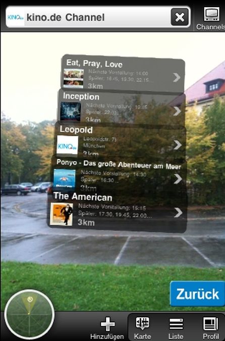 Kino.de mit Junaio AR-App zeigt die Kinoprogramme und navigiert den User zum nächsten Kino