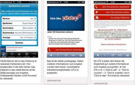 Beispielskampagne von pitstop: vom Werbemittel in der App zur Microsite. Quelle: radcarpet