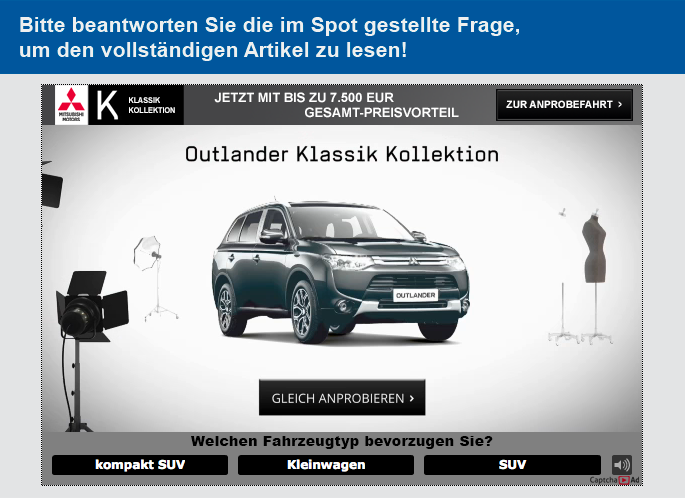 Nutzer, die sich für einen bestimmten Fahrzeugtyp interessieren, werden in der nächsten CAd Video Ad über die Ausstattung des Modells informiert und zu ihren Präferenzen befragt., Bild: CAd Presse Bild: CAd Presse