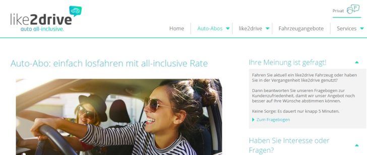 Der Druck wächst: Immer mehr Abo-Anbieter wie Like2drive wildern in den Terrains der Hersteller, sind aber auch gute Kunden., Bild: Screenshot Like2Drive.de Bild: Screenshot Like2Drive.de