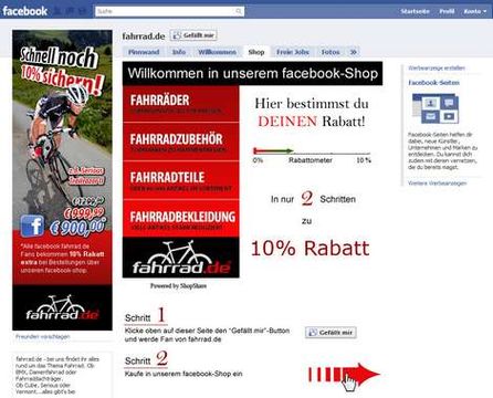 10 Prozent Rabatt auf Dauer sollen Facebook-Fans in den Shop von Fahrrad.de locken