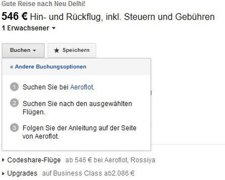 Google Flights: "Buchen"-Button, Screenshot