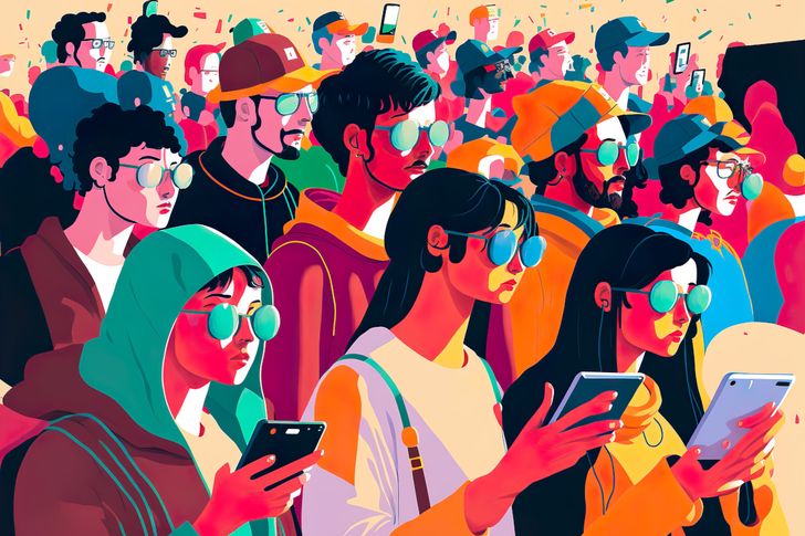 So stellt sich eine KI eine Masse an jungen Menschen mit Mobiltelefonen vor, Bild: Rh2010 – Adobe Stock, Bild: Rh2010 – Adobe Stock Bild: Rh2010 – Adobe Stock