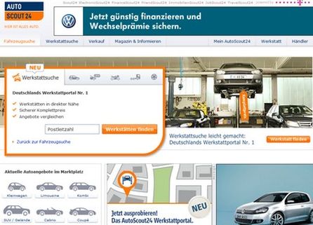Screenshot der Website von AutoScout24 mit Suchfenster des Werkstattportals und dazugehöriger Werbung im Hintergrund. Das verwendete Photo ist ein Videostill aus dem TV-Spot.