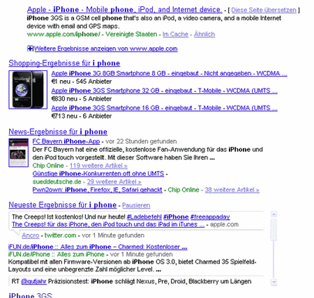 Quelle: Google, Universal Search: Suchergebnisse für "i phone"