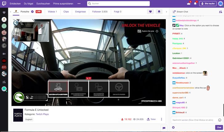 Die Twitch-Community ist im interaktiven Spiel von Porsche live auf der Suche nach dem neuen Fomula-E-Rennwagen., Bild: Twitch Bild: Twitch