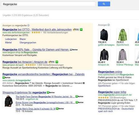 Beispiel "Regenjacke" im Suchergebnis